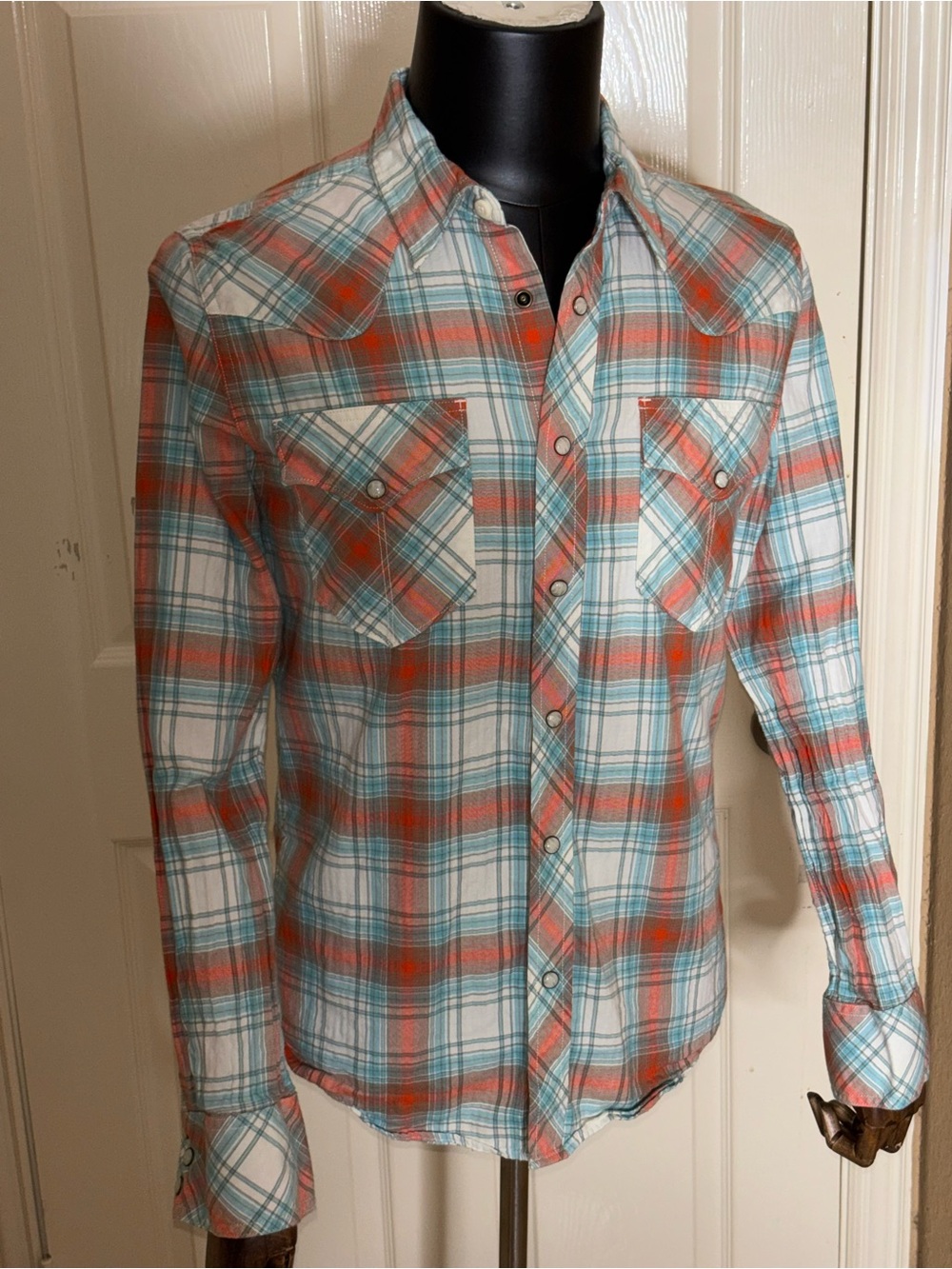 Tecovas Shirt Mens Small Orange Blue Plaid Western Pearl Snap Long Sleeve